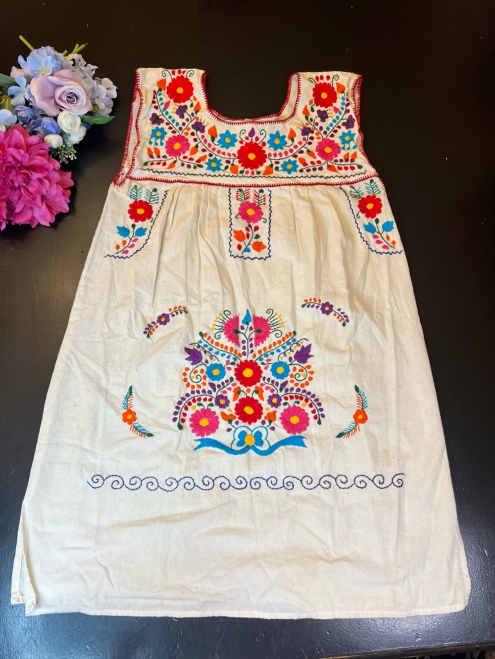 Nativa Colorful Mexican Peasant Floral Embroidery Oaxacan Sleeveless Dress Sz S